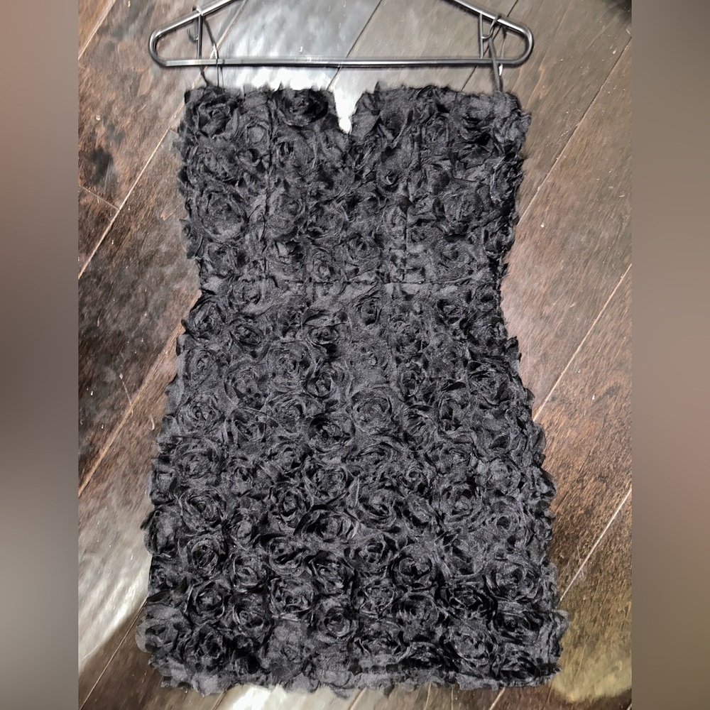 New S Elegant Black Strapless mini Dress roses Floral Texture prom formal lbd Sm - Picture 8 of 10
